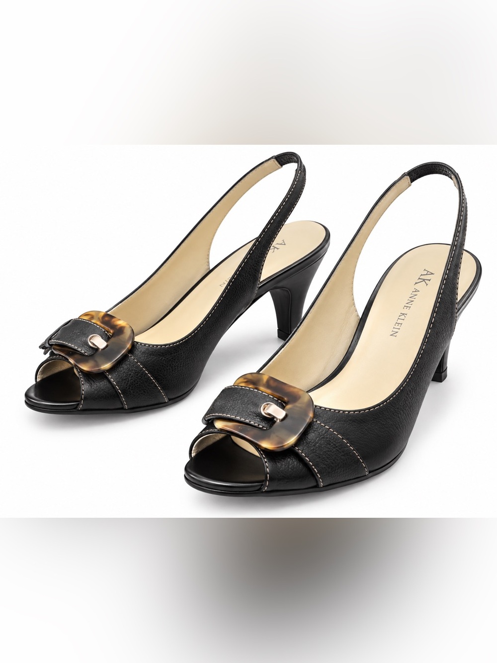 Anne Klein Azzuro Black Leather Slingback Peep Toe Heels Size 7M